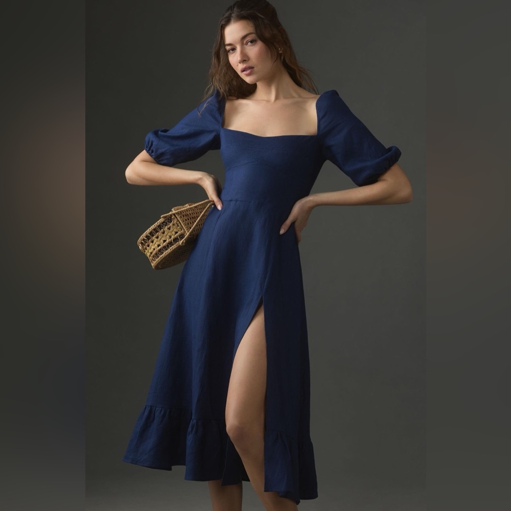 Reformation Belgium puff sleeve midi dress in navy blue linen